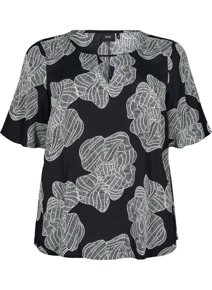 Kurz&auml;rmelige Bluse aus Viskose mit Print, Schwarz, Packshot image number 0
