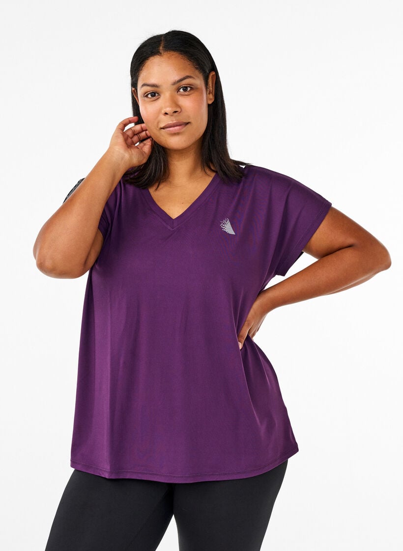Lockeres Trainings-T-Shirt mit V-Ausschnitt, Lila, Model image number 0