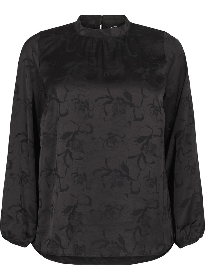 Satinstoffbluse mit Ton-in-Ton-Muster, Black, Packshot image number 0