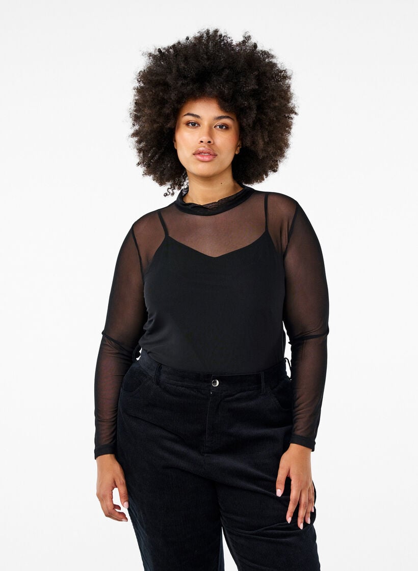 Enganliegende Mesh-Bluse mit langen &Auml;rmeln, Schwarz, Model image number 0