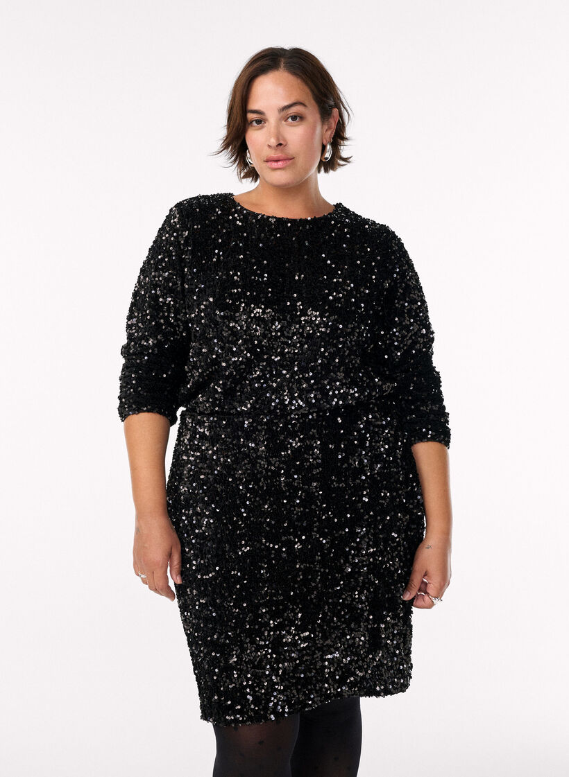 Kurzer Paillettenrock mit elastischem Bund, Schwarz, Model image number 0