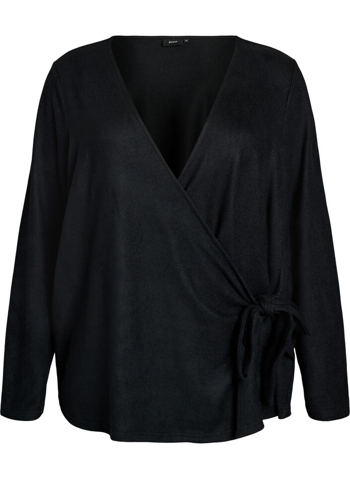 Wickelbluse aus Jersey mit Bindeband, Schwarz, Packshot image number 0