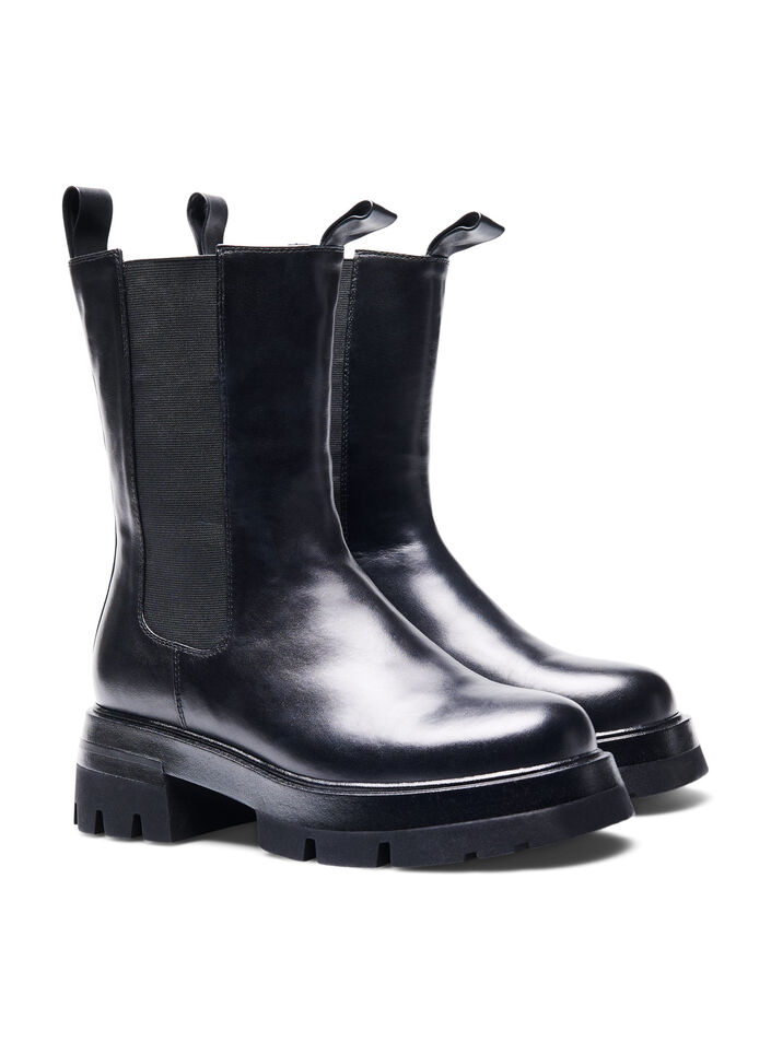 Weit geschnittener Lederstiefel mit Gummizug, Black, Packshot image number 3