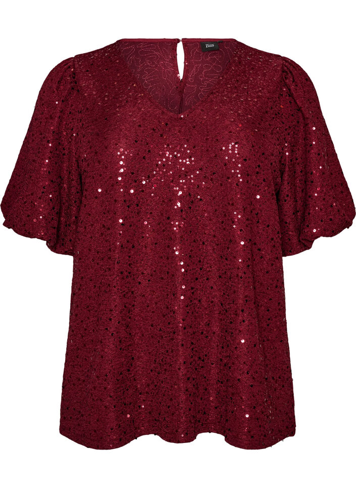Paillettenbluse mit Ballon&auml;rmeln, Rot, Packshot image number 0