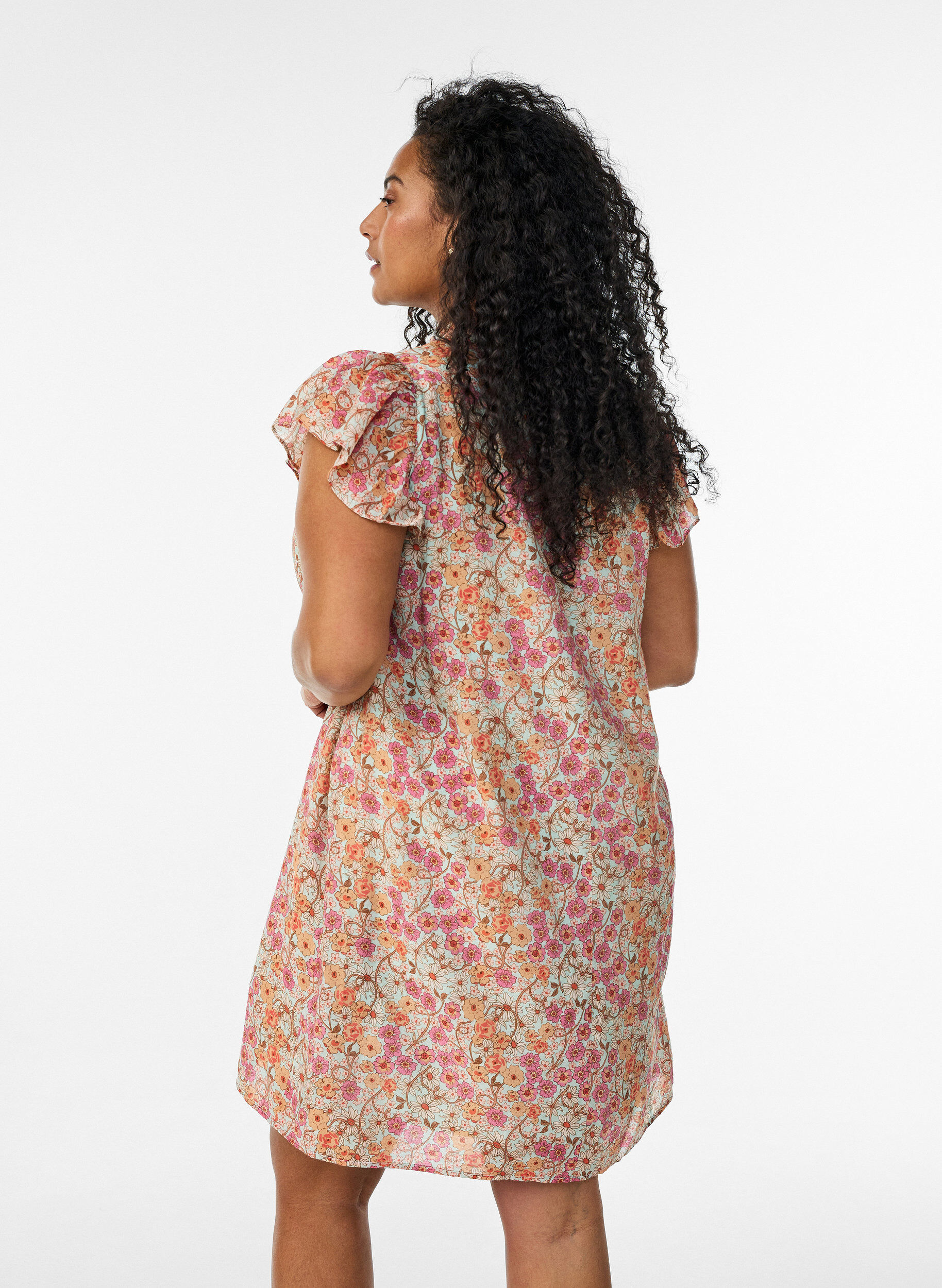 ZizziKurzes Kleid aus Viskose mit Smock und Blumenprint, Orange, Model image number 2