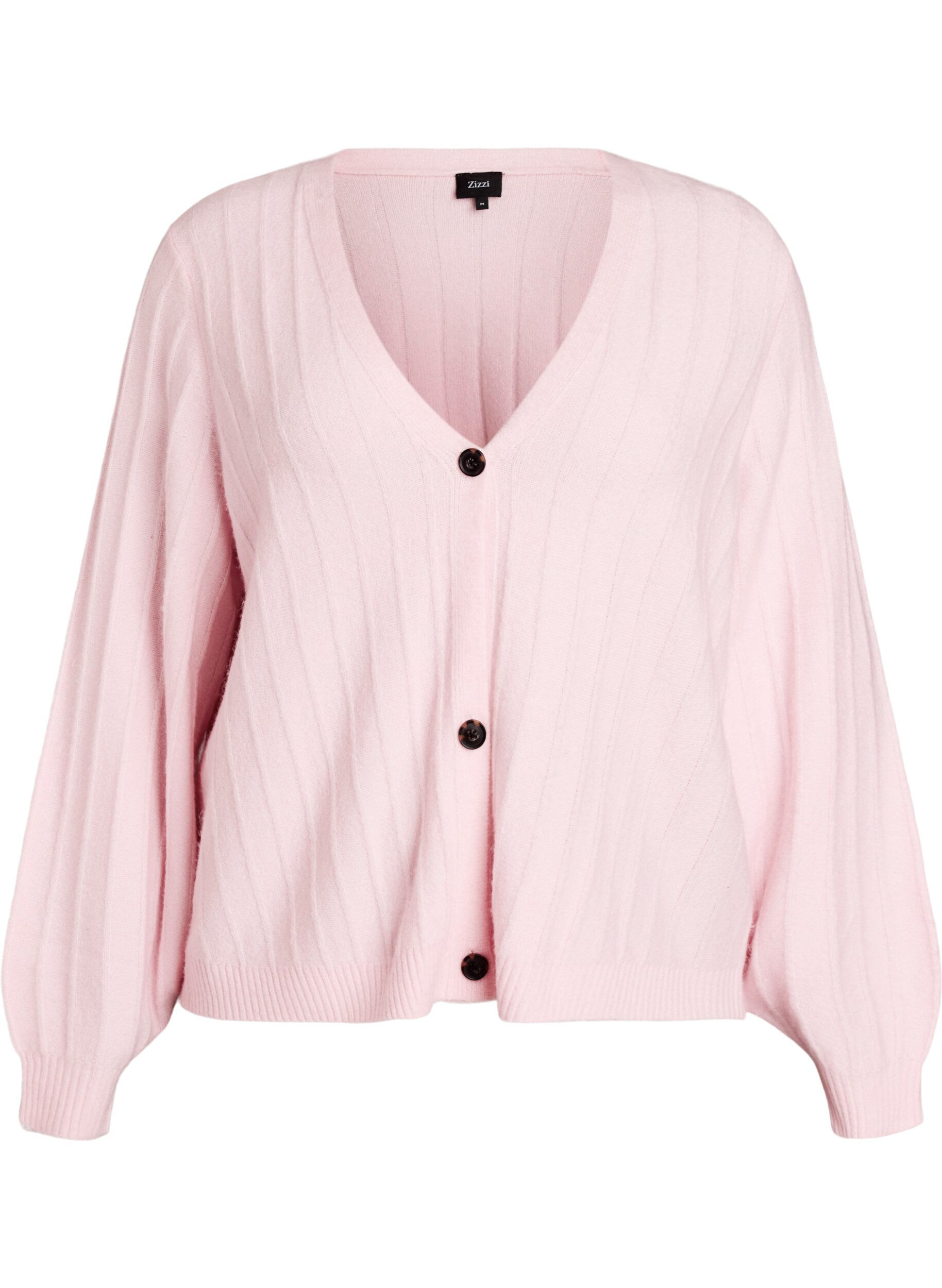 Strickjacke mit Rippstruktur und Ballon&auml;rmeln