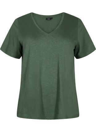 Kurzärmeliges Basic T-Shirt mit V-Ausschnitt, Thyme, Packshot image number 0