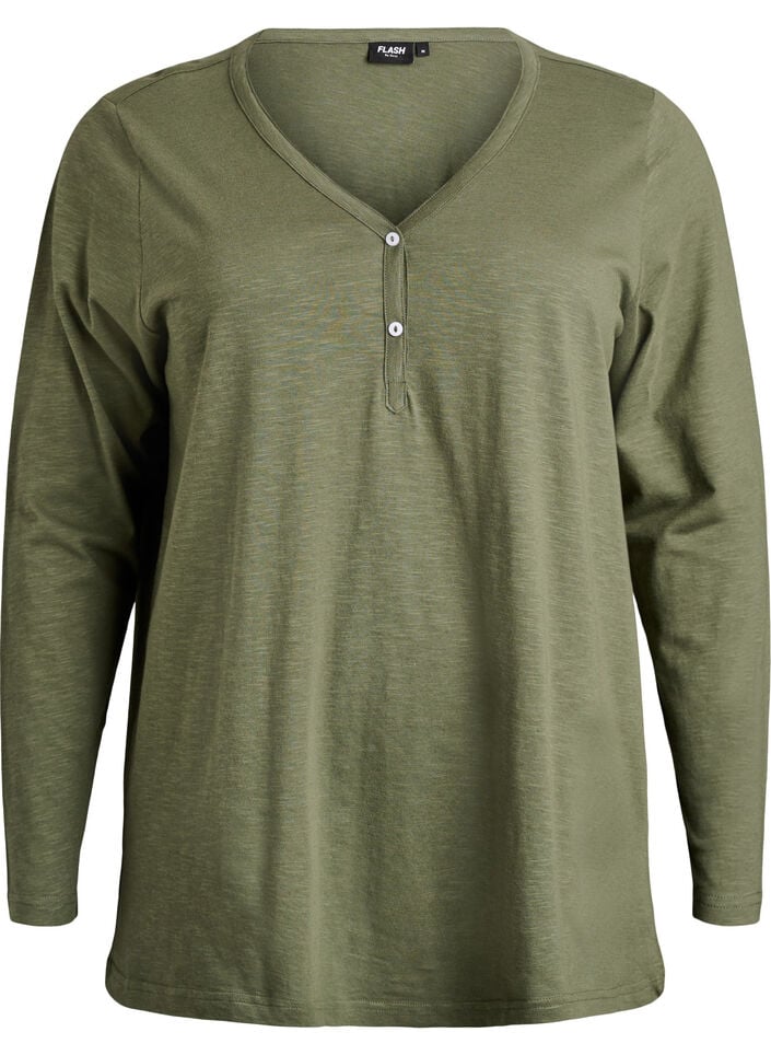 Langarmshirt mit V-Ausschnitt und Kn&ouml;pfen, Gr&uuml;n, Packshot image number 0
