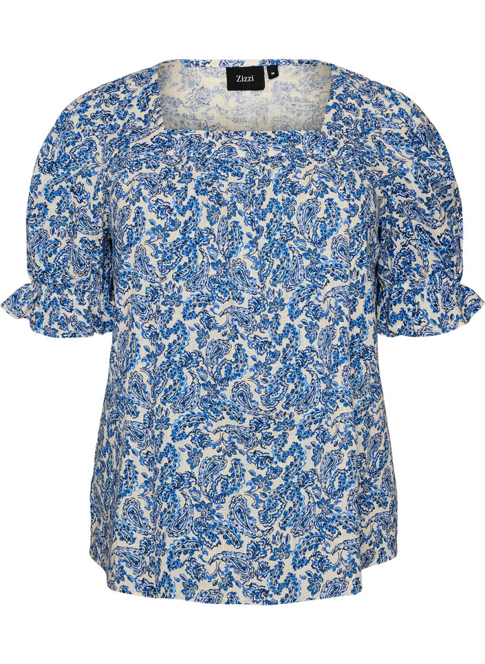 Baumwollbluse mit eckigem Ausschnitt, Blau, Packshot image number 0