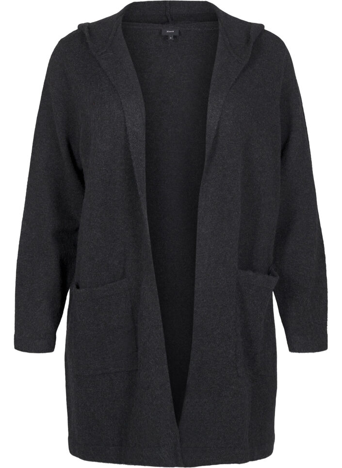 Langer Strickcardigan aus Wolle mit Kapuze, Dark Grey Melange, Packshot image number 0
