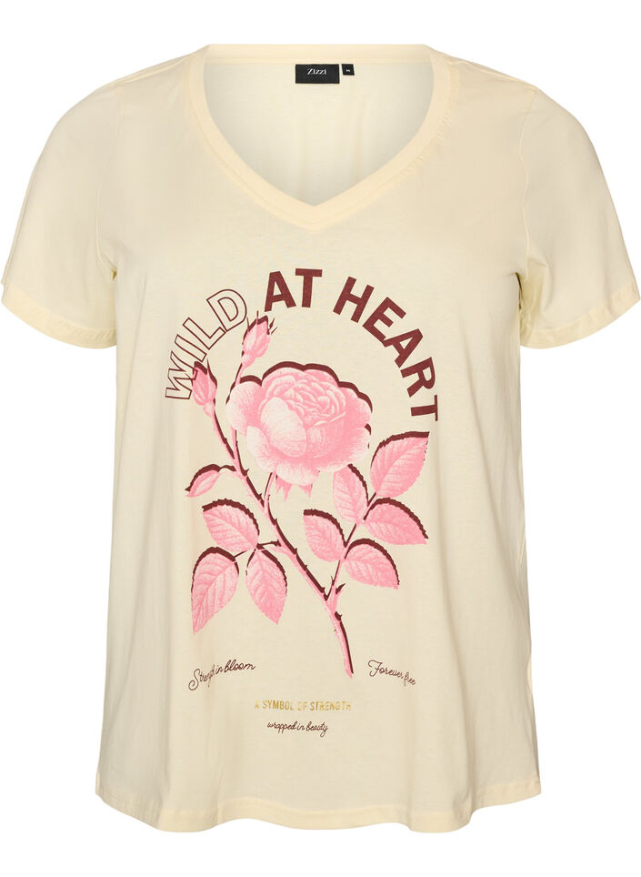 T-Shirt aus Baumwolle mit Frontprint und V-Ausschnitt, Beige, Packshot image number 0