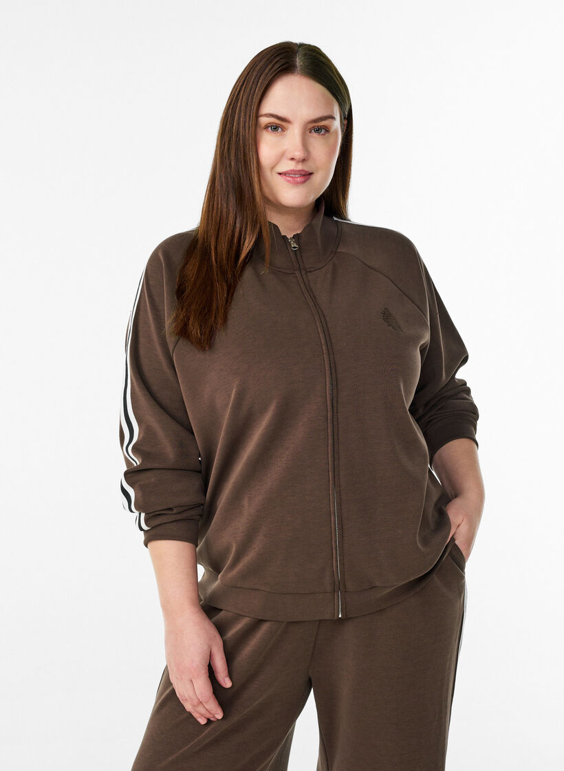 Hochgeschlossenes Trainingstop mit Streifen an den &Auml;rmeln, Braun, Model image number 0