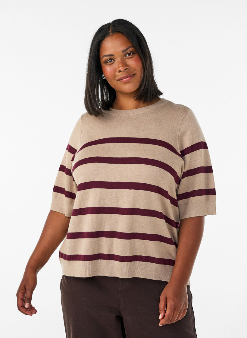 Gestreiftes Stricktop mit kurzen &Auml;rmeln, Beige, Model image number 0
