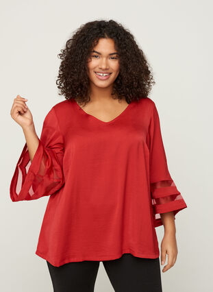 Einfarbige Bluse mit 3/4-Ärmeln und V-Ausschnitt, Haute Red, Model image number 0
