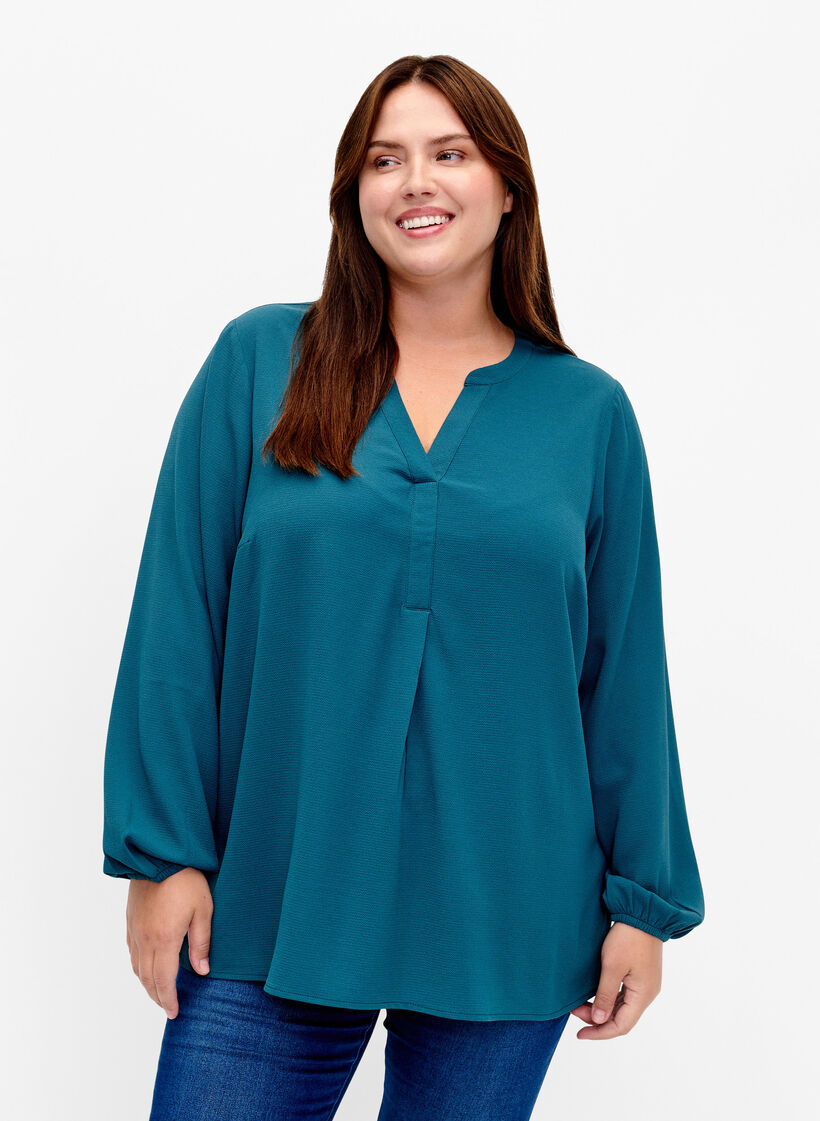 Unifarbene Bluse mit V-Ausschnitt, Deep Teal, Model image number 0