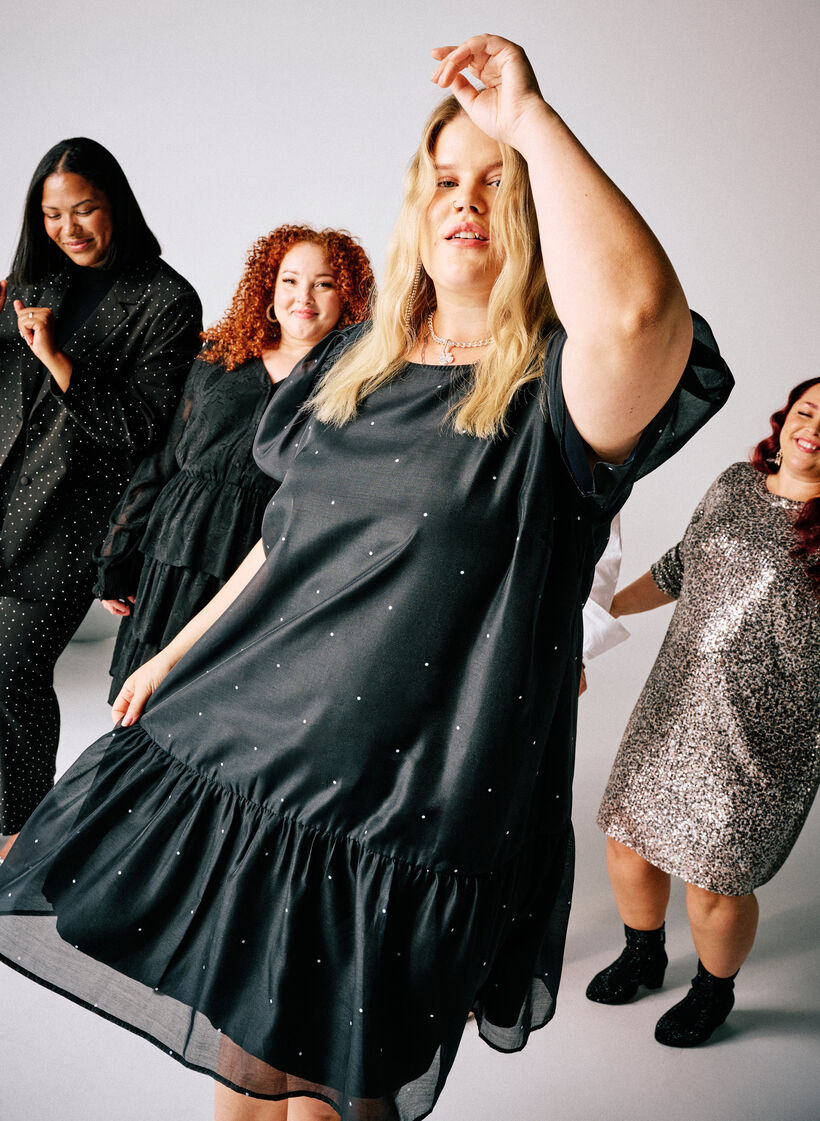 Knielanges Partykleid mit transparenten Ärmeln, Schwarz, Image image number 0