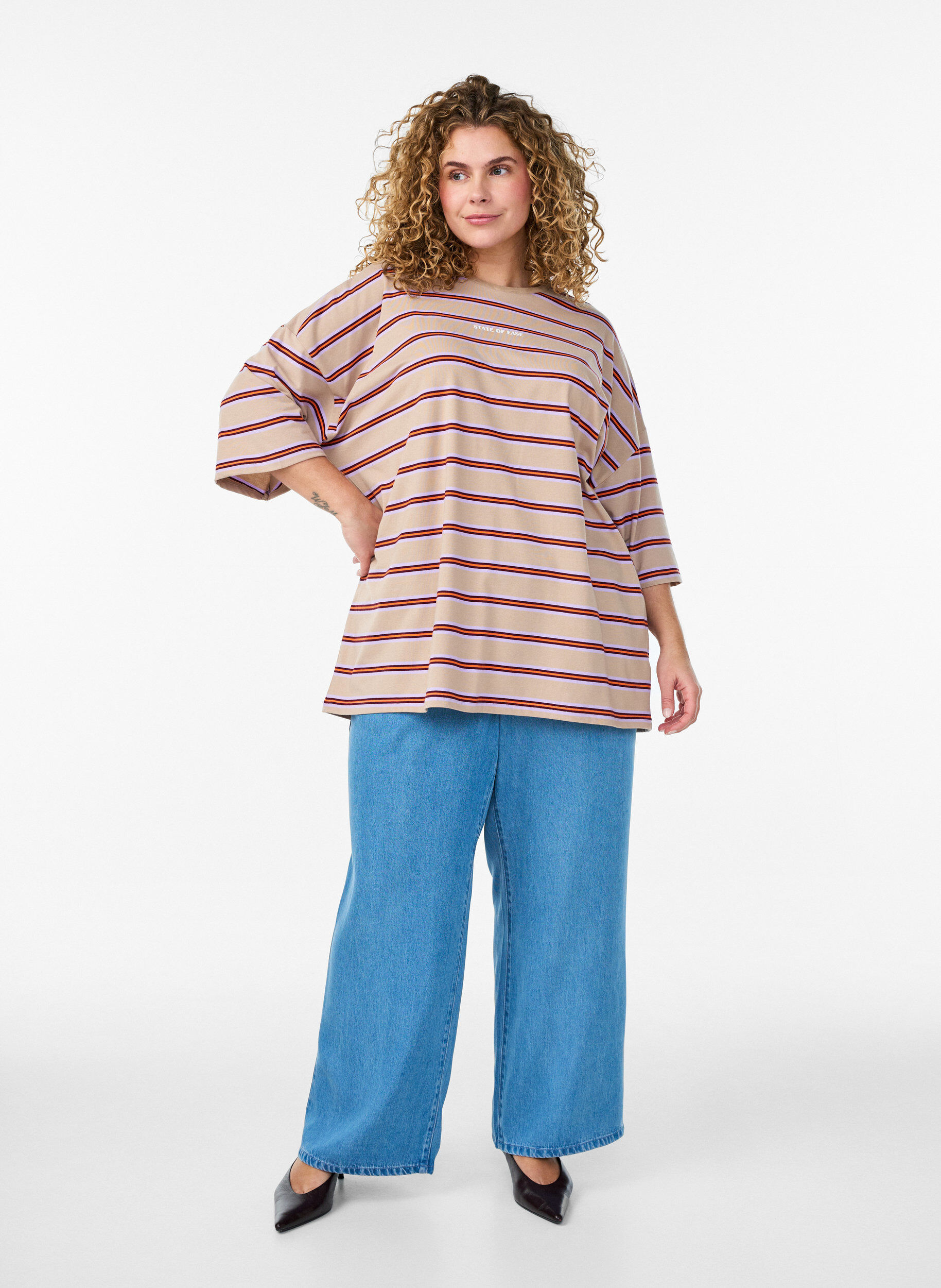 ZizziOversize-T-Shirt mit Streifen und 1/2-&Auml;rmeln, Beige, Model image number 1