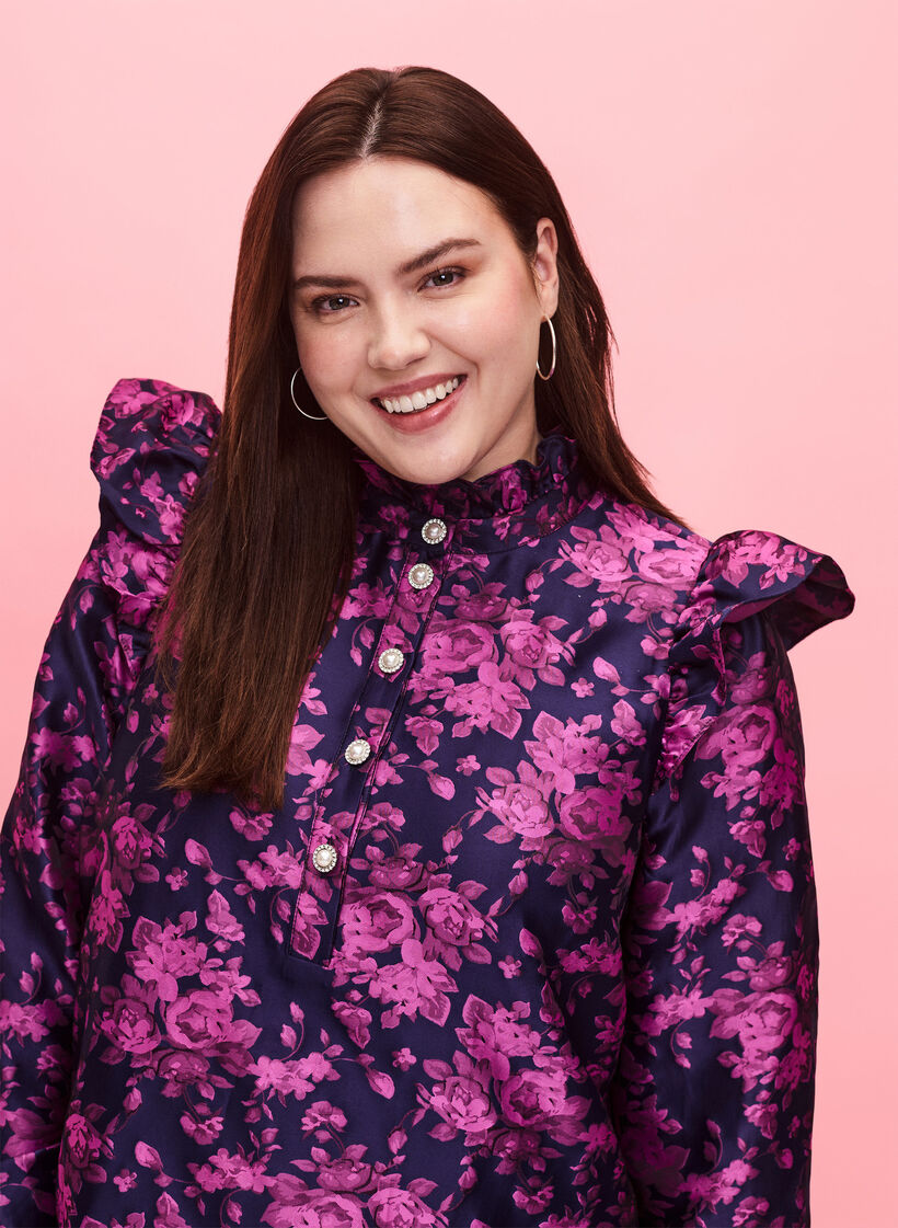 Kleid mit Rüschendetail und Perlenknöpfen, Dark Blue Pink, Model image number 2