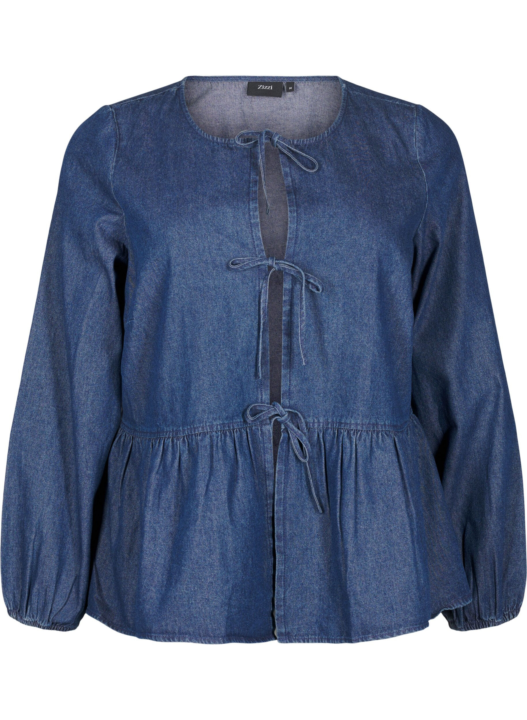 ZizziPeplum-Bluse aus Denim mit Bindeverschluss, Blau, Packshot image number 0