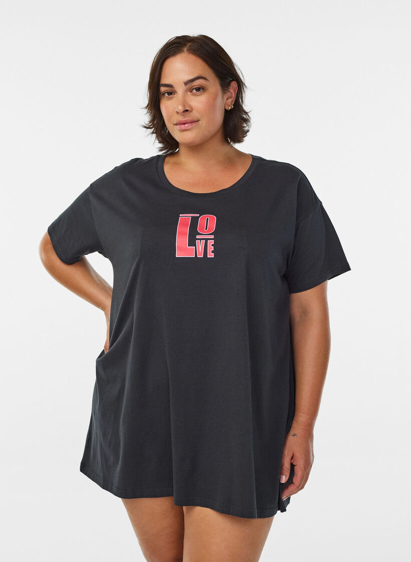 Langes Nachthemd aus Bio-Baumwolle mit Print, Grau, Model image number 0