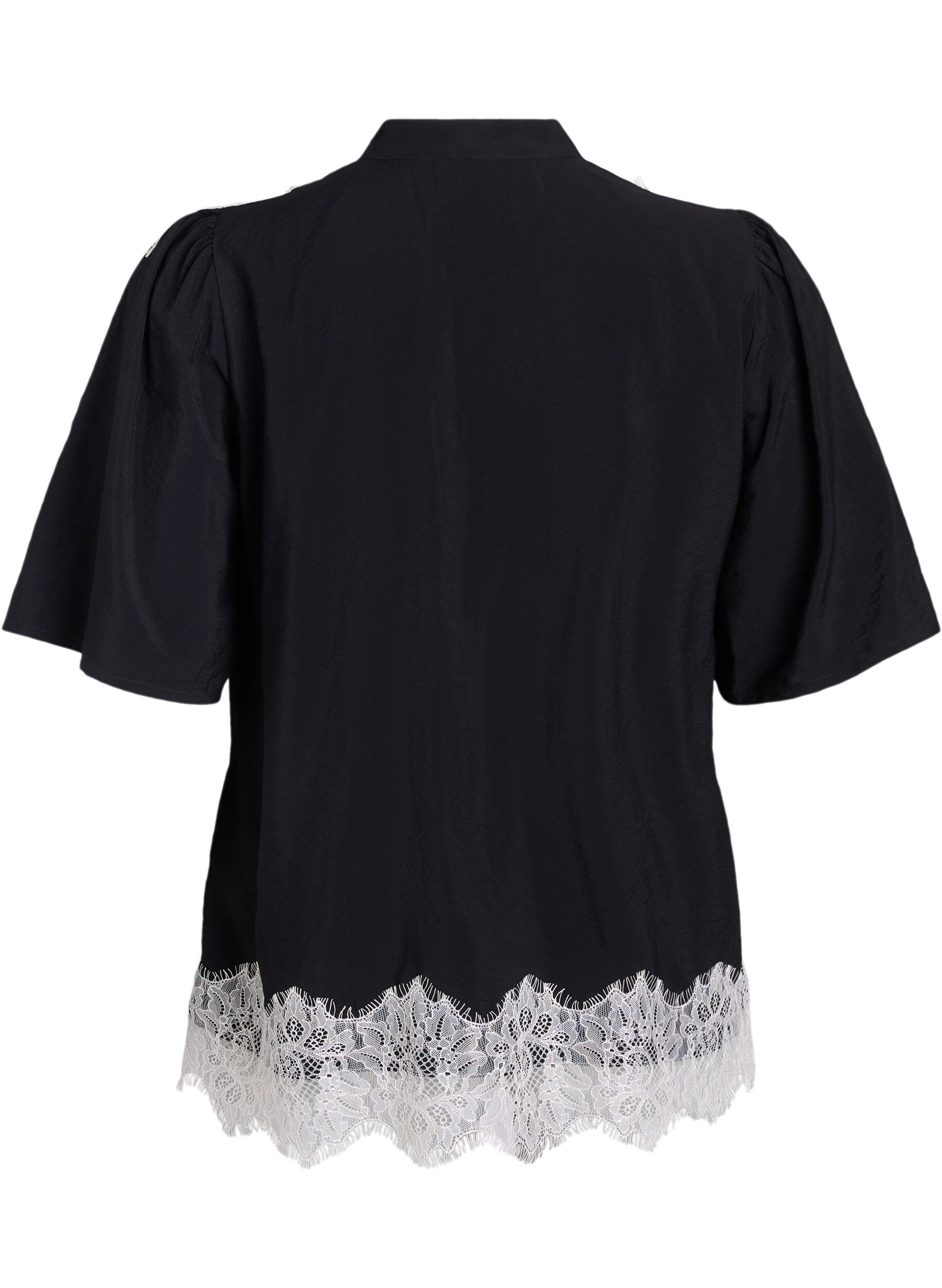 ZizziKurz&auml;rmeliges Bluse mit Spitzendetails, Schwarz, Packshot image number 1