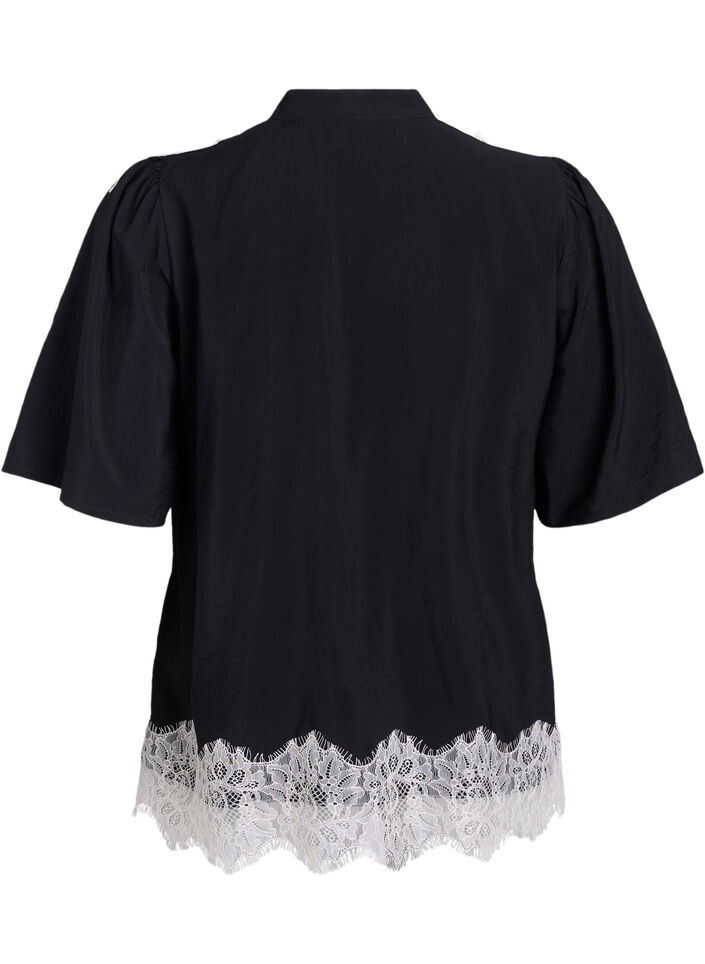 Kurzärmeliges Bluse mit Spitzendetails, Schwarz, Packshot image number 1