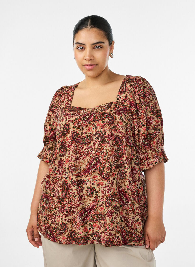 Viskose-Bluse mit Paisley-Print und eckigem Ausschnitt, Braun, Model image number 0