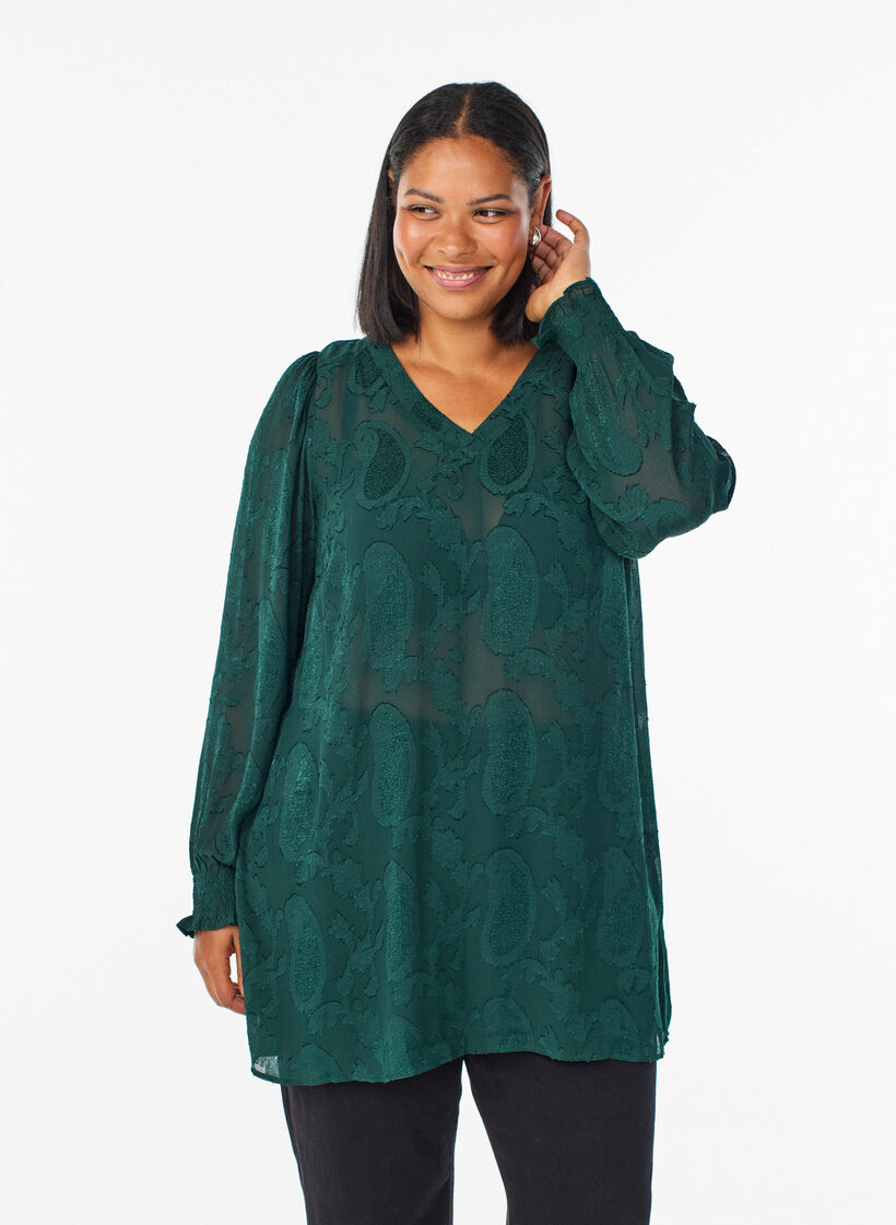 Tunika mit Paisley-Muster und langen Ärmeln, Grün, Model image number 0