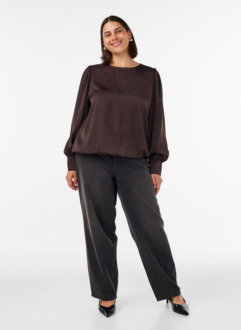 Bluse im Satin-Look mit Ballonform, Braun, Model image number 1