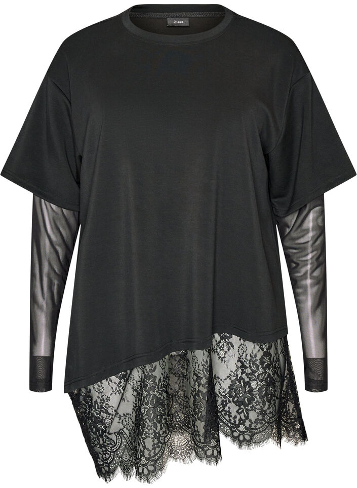 Bluse mit Mesh-&Auml;rmeln und Spitzenbesatz, Schwarz, Packshot image number 0