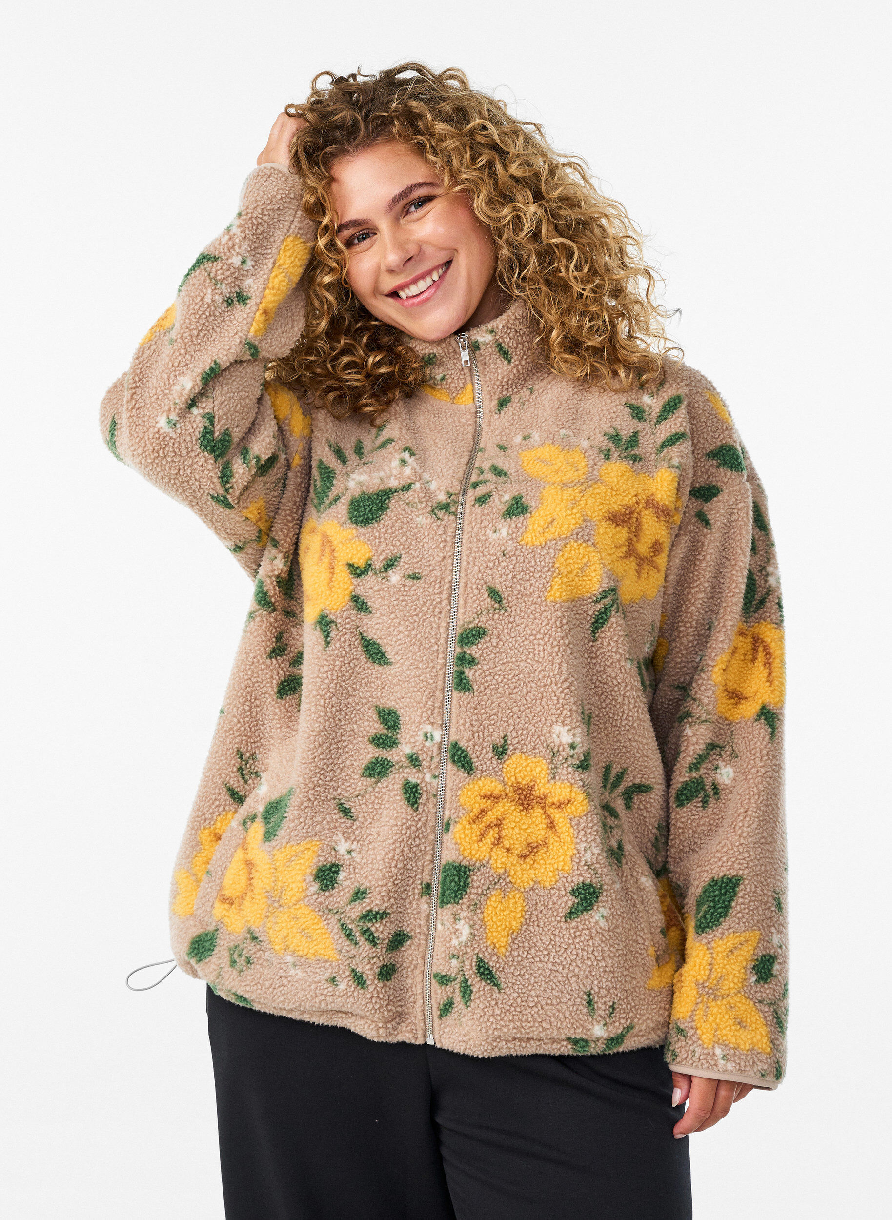 ZizziGebl&uuml;mte Fleecejacke mit hohem Kragen und Rei&szlig;verschluss, Beige, Model image number 0