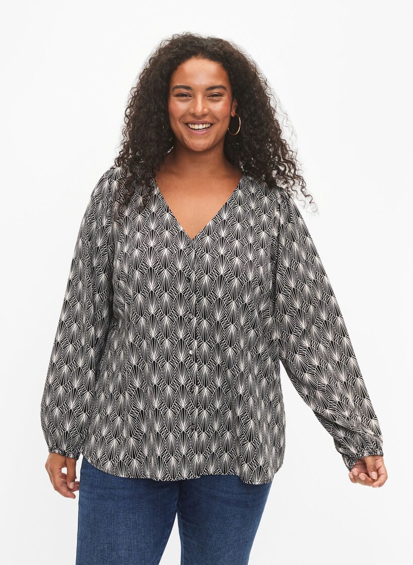  Hemdbluse mit V-Ausschnitt und Aufdruck, Birch Graphic AOP, Model image number 0