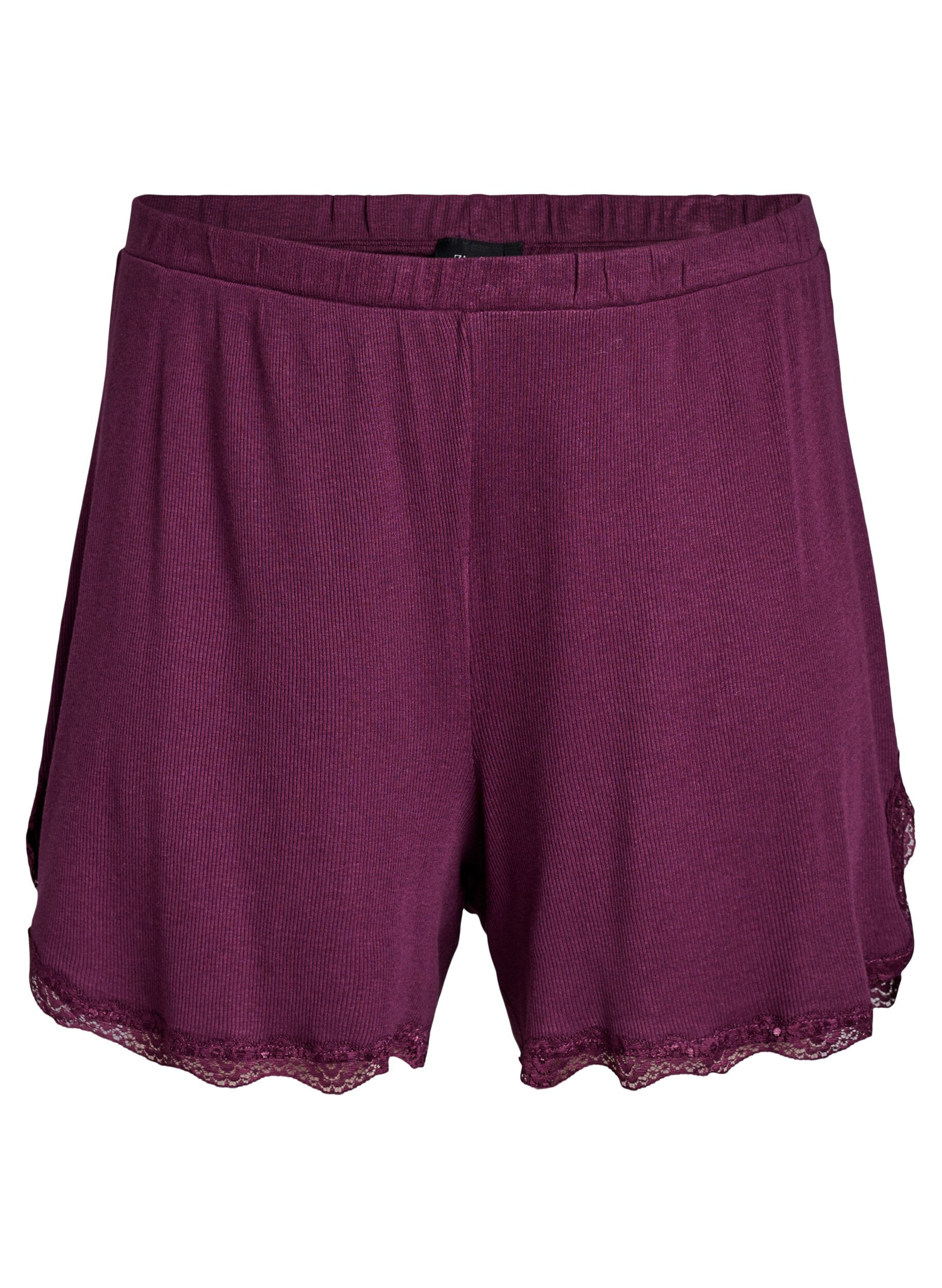 ZizziLockere Nachtshorts aus geripptem Material mit Spitzensaum, Dunkles Bordeaux, Packshot image number 0