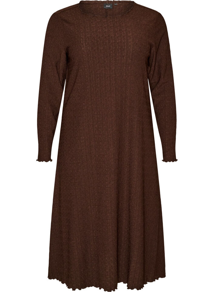 Midi-Kleid mit welliger Struktur und langen &Auml;rmeln, Braun, Packshot image number 0