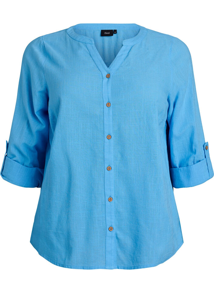 Hemdbluse aus Baumwolle mit V-Ausschnitt, Blau, Packshot image number 0