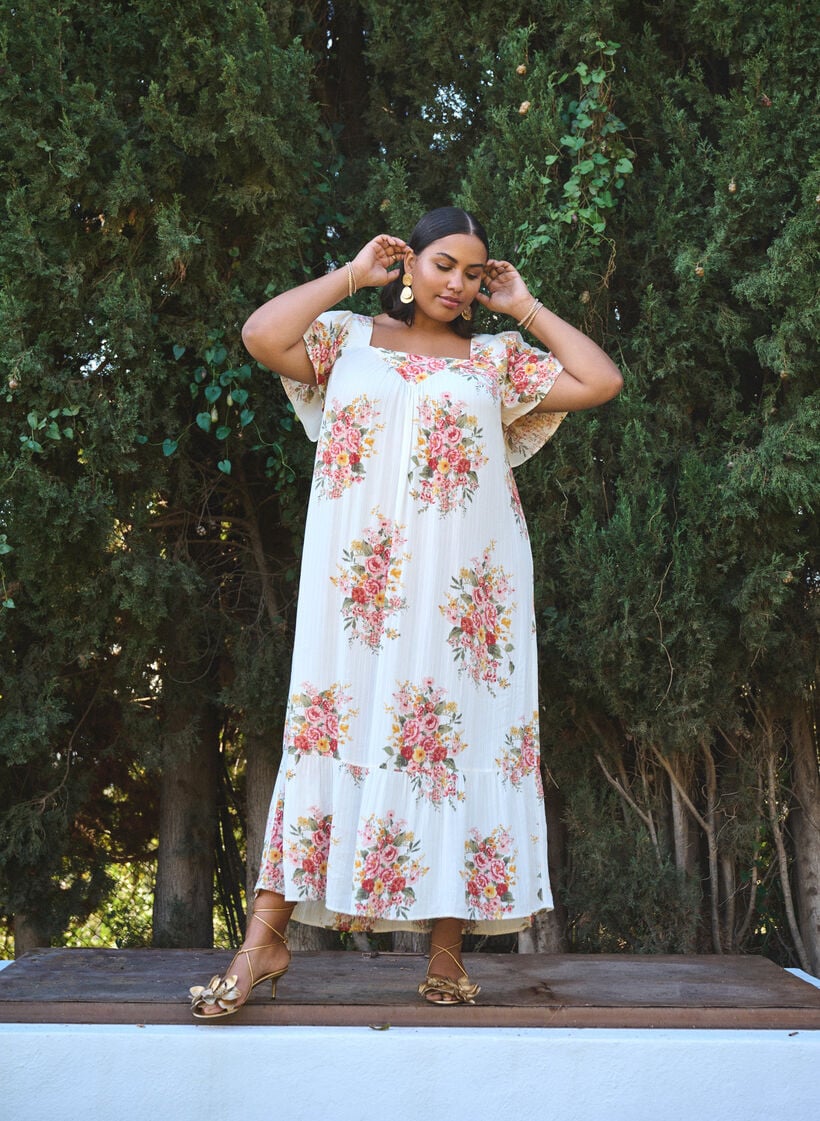 Langes Kleid mit eckigem Ausschnitt und floralen Mustern, Vanille, Image image number 0