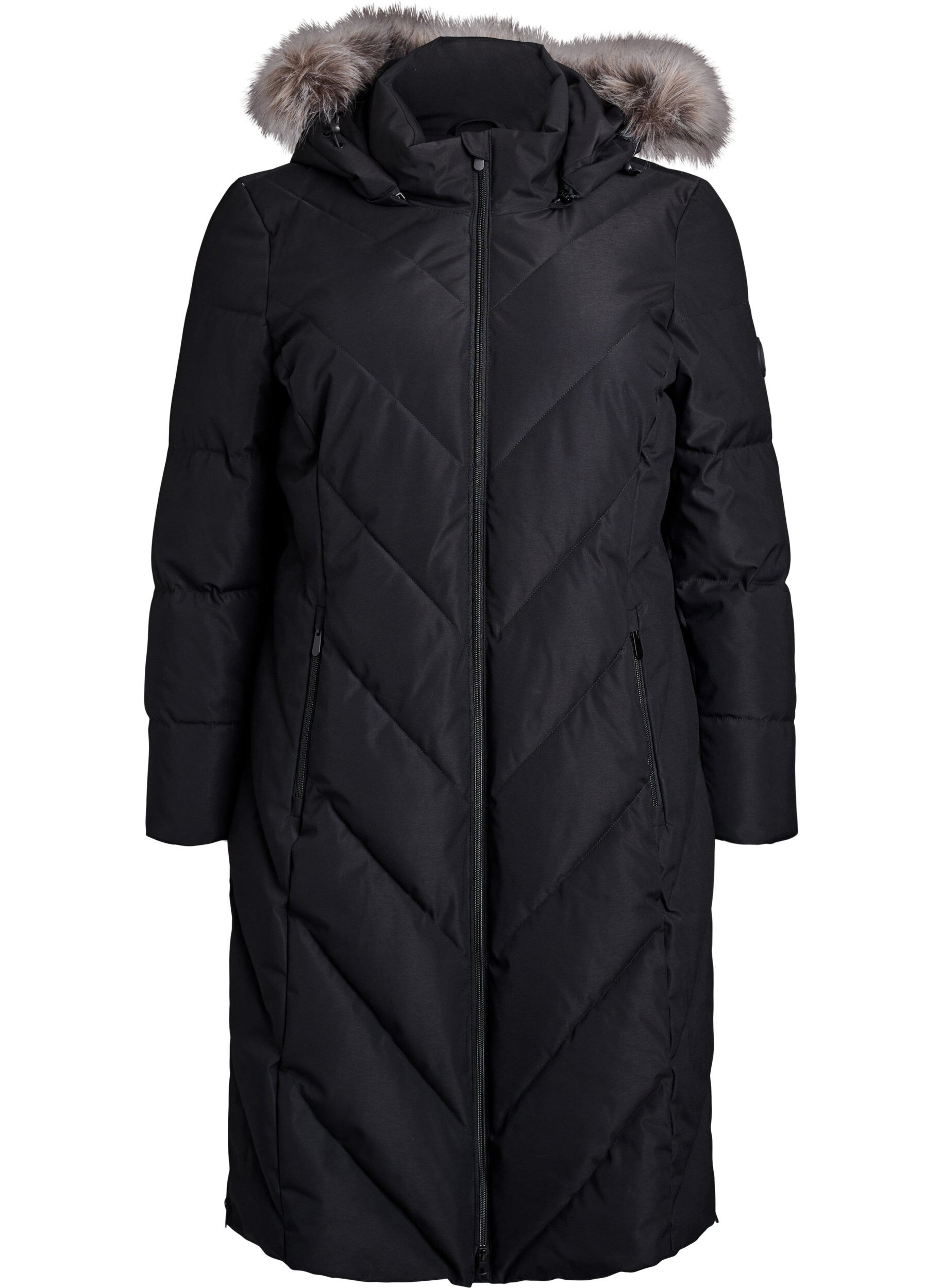 ZizziLanger Wintermantel mit Hakenverschl&uuml;ssen und Kunstfellkragen, Schwarz, Packshot image number 0