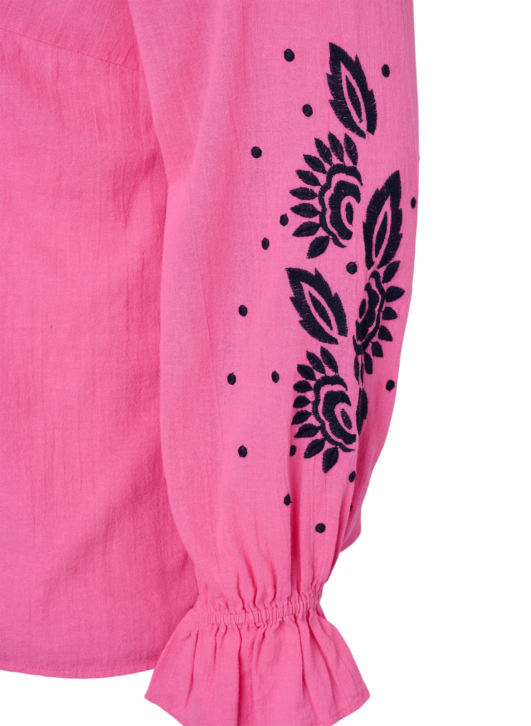 ZizziBaumwollbluse mit Stickerei und R&uuml;schen, Pink, Packshot image number 3