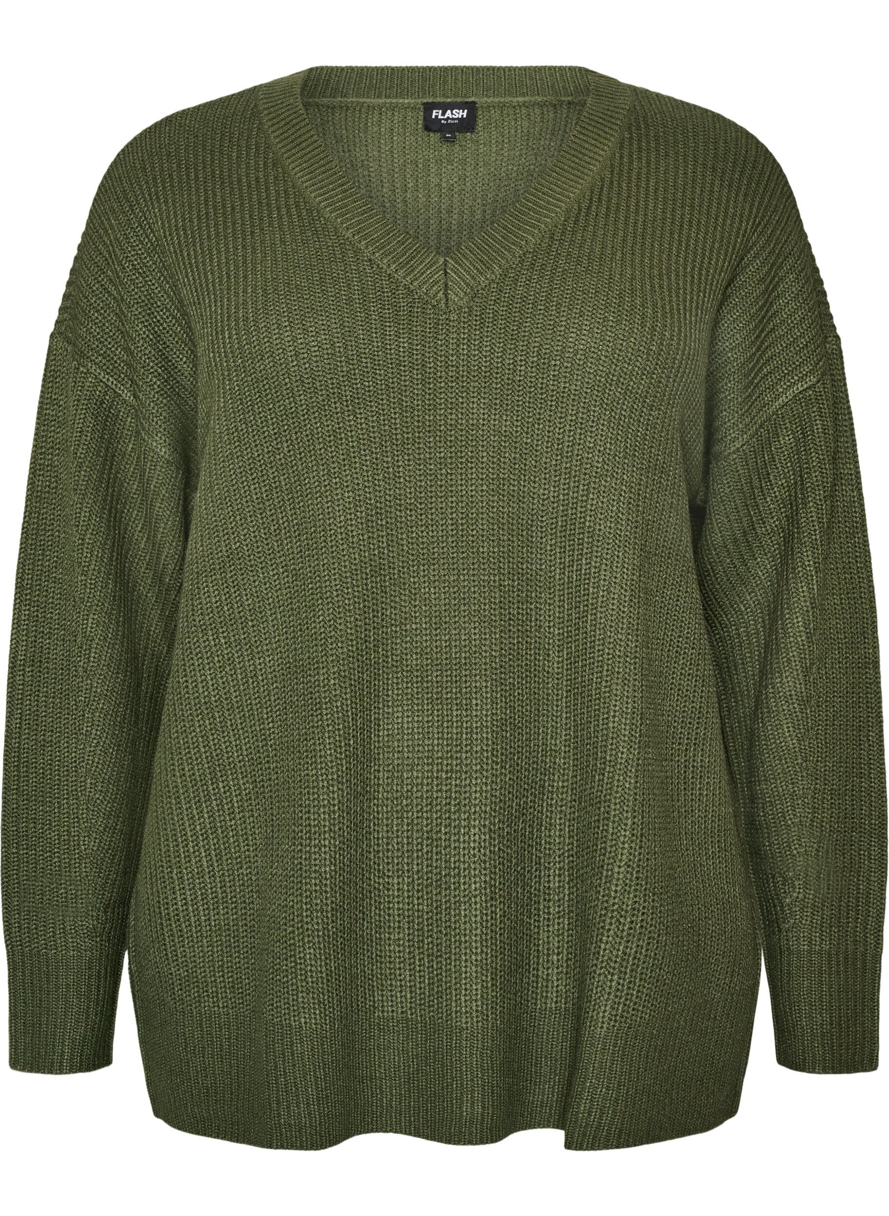 ZizziLange Rippstrickbluse mit V-Ausschnitt, Gr&uuml;n, Packshot image number 0
