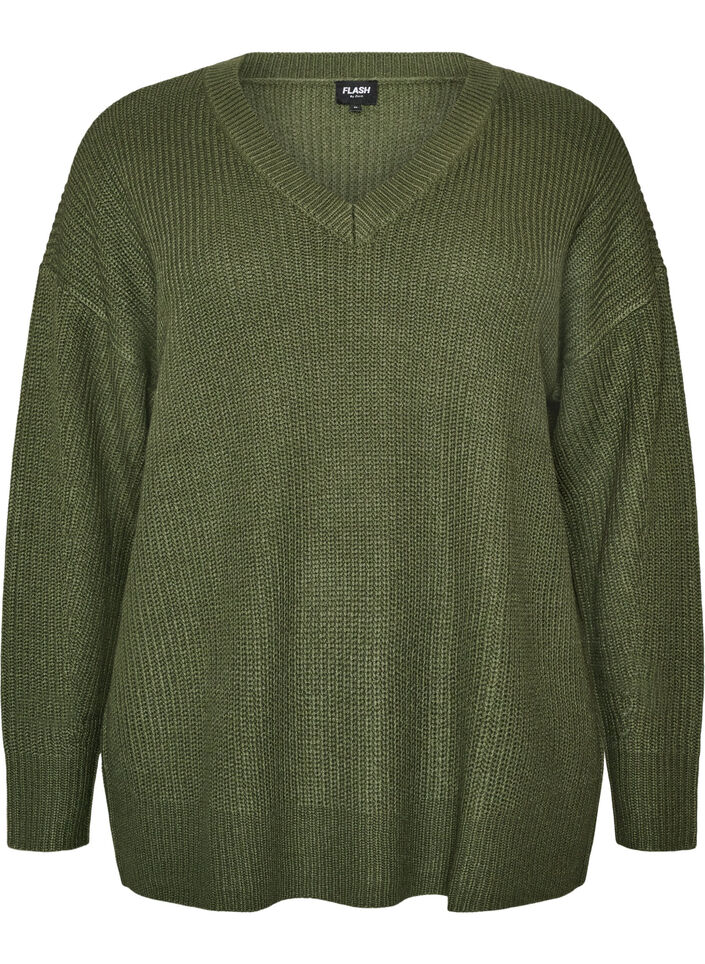 Lange Rippstrickbluse mit V-Ausschnitt, Gr&uuml;n, Packshot image number 0
