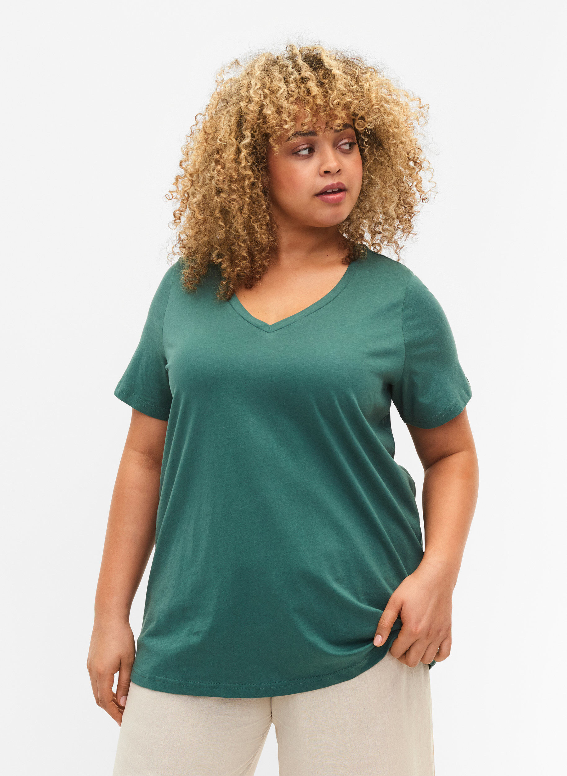 Zizzi2er-Pack basic T-Shirts aus Baumwolle, Mallard Green/Black, Model image number 0