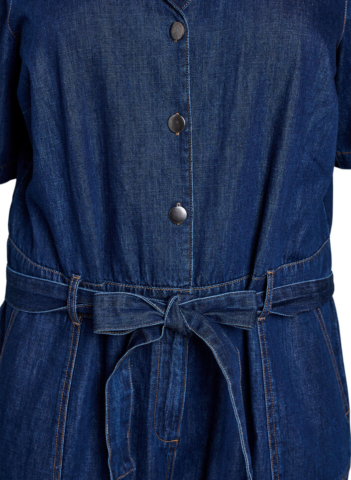 Denim-Jumpsuit mit kurzen &Auml;rmeln und Bindeg&uuml;rtel, Blau, Packshot image number 2