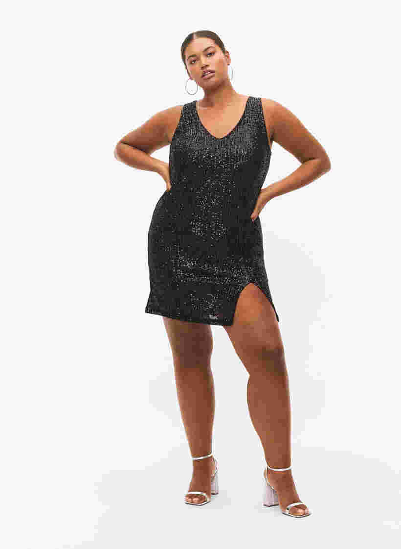 Ärmelloses Paillettenkleid mit V-Ausschnitt, Black, Model image number 3