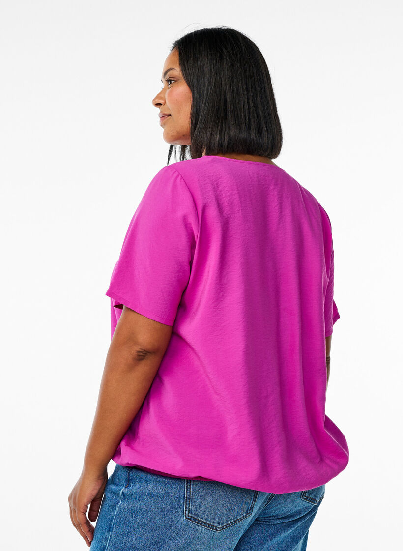 Bluse mit kurzen Ärmeln und elastischem Saum, Pink, Model image number 2
