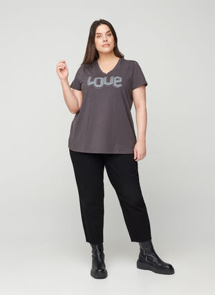Kurzarm T-Shirt aus Baumwolle mit V-Ausschnitt, Black Acid, Model image number 2