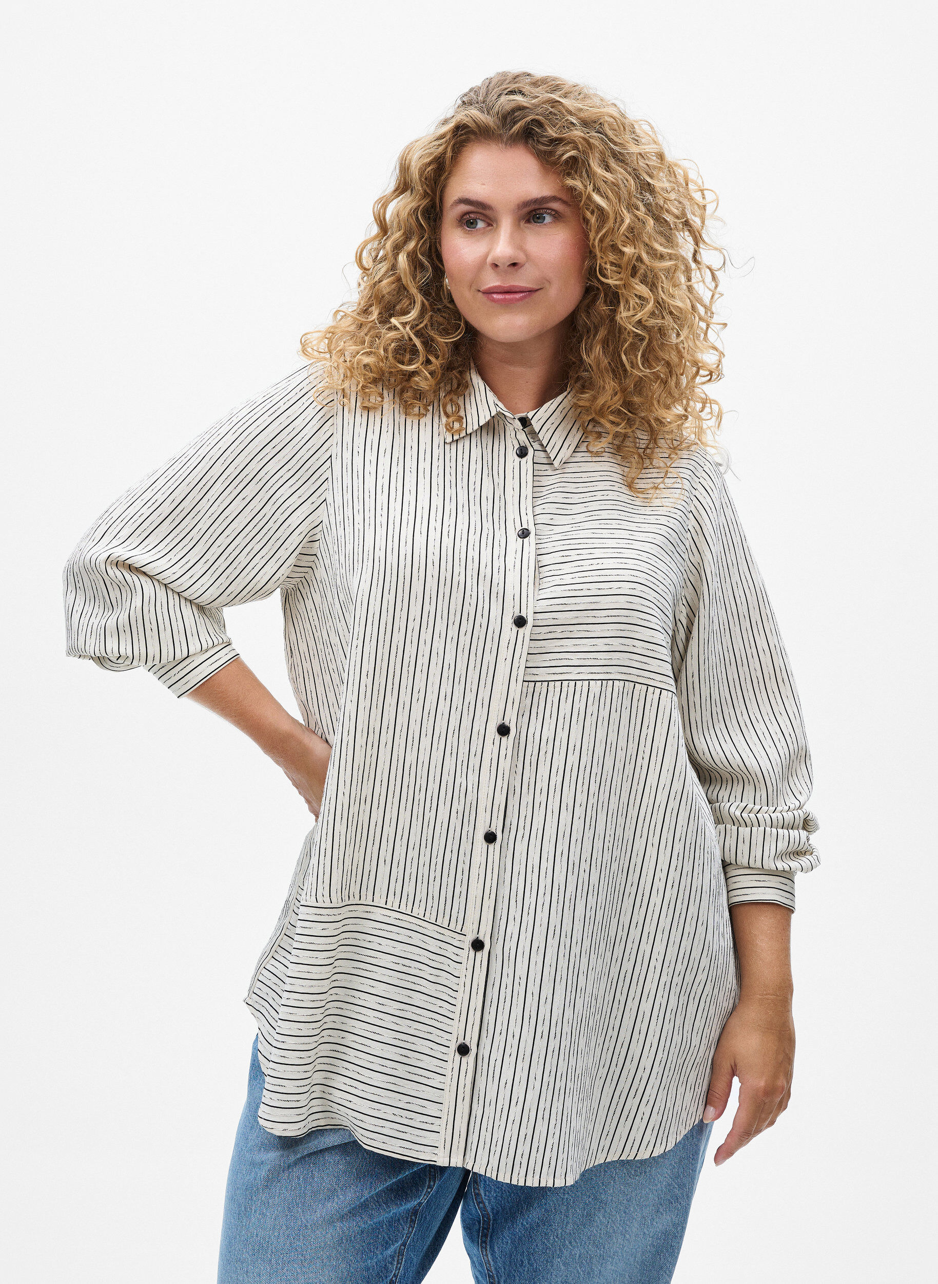 Bluse mit Streifenmuster, Wei&szlig;, Model