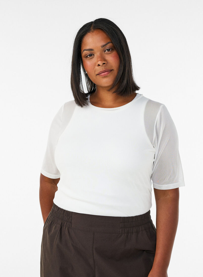 Top aus Mesh mit kurzen &Auml;rmeln und Rundhalsausschnitt, Vanille, Model image number 0