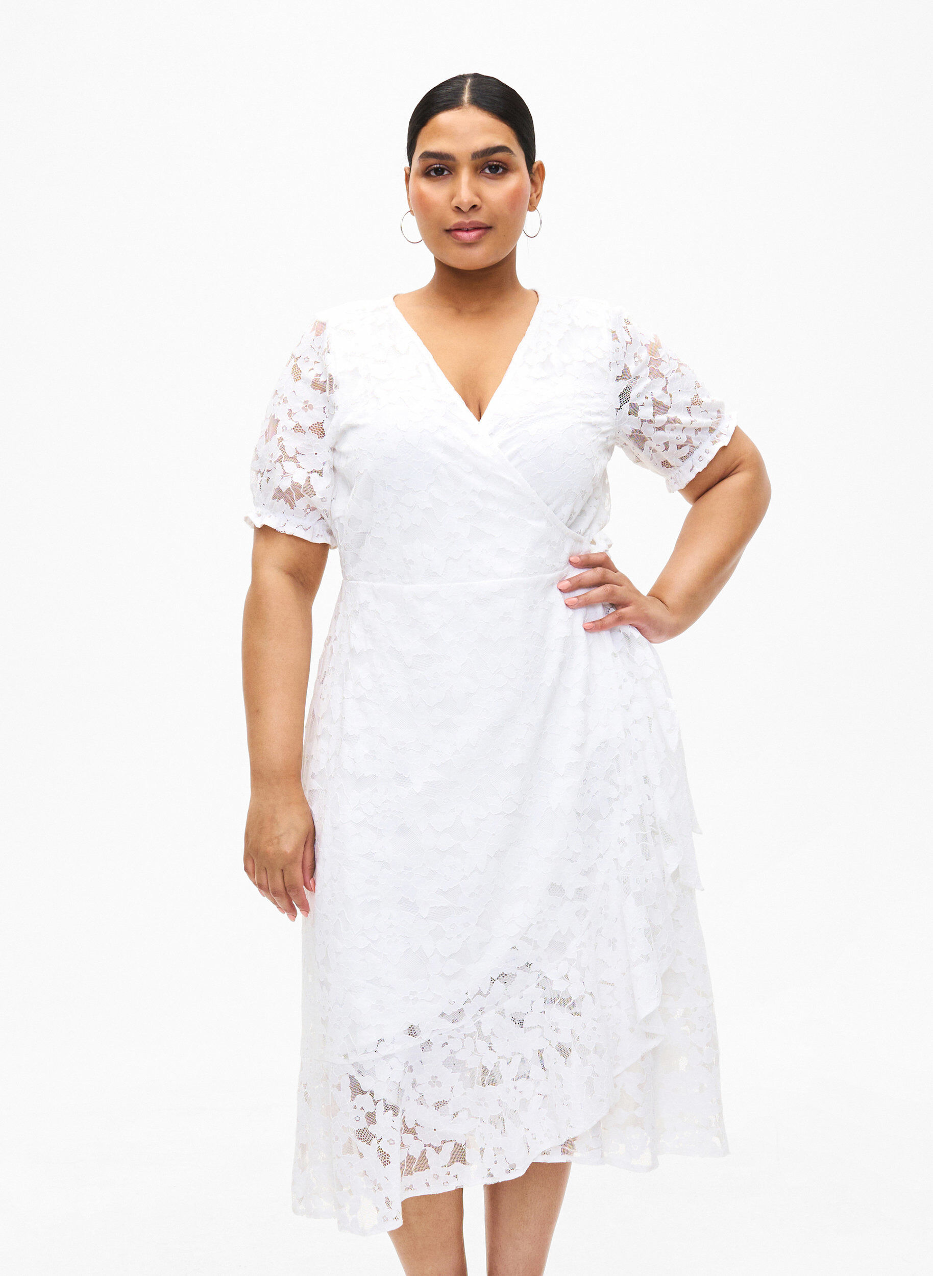 ZizziWickelkleid mit Spitze und kurzen &Auml;rmeln, Bright White, Model image number 0