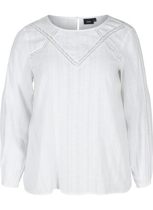 Langarm Bluse aus Baumwolle mit Stickerei, Bright White, Packshot image number 0