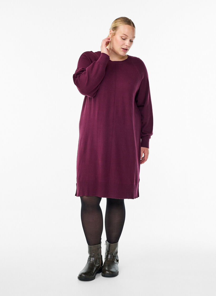 Strickkleid mit Raglanärmeln und Mittelnaht, Dunkles Bordeaux, Model image number 1
